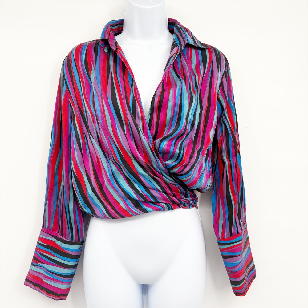 Cache Womens Multicolor Striped Y2K Retro Vibrant Wrap Front Silk Top Size L